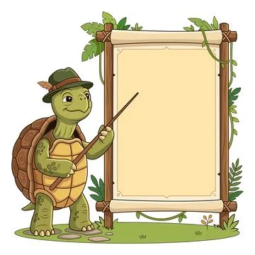 Cute Turtle Character Wearing Hat Pointing At Blank Wooden Signboard Vector.. Stock Illustration