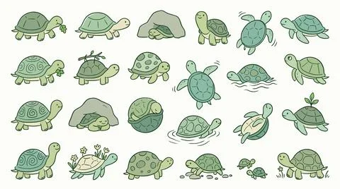 Cute turtle characters collection performing various activities in diverse .. 库存插图