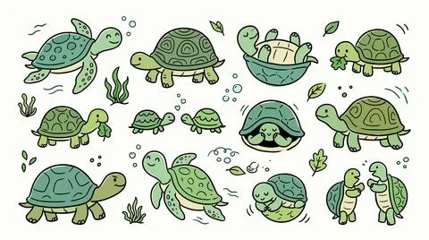 Cute turtle characters collection with sea turtles and land tortoises doodles 库存插图
