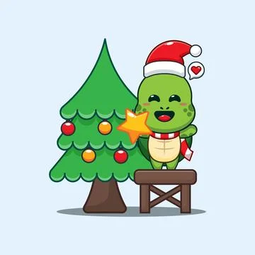 Cute turtle decorating the Christmas tree on Christmas day. Stock Illustration