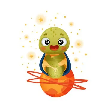 Cute turtle floating in outer space. Adorable baby tortoise character vector Stock Illustration