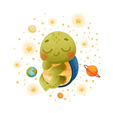 Cute turtle floating in outer space. Adorable baby tortoise character astronaut Stock Illustration
