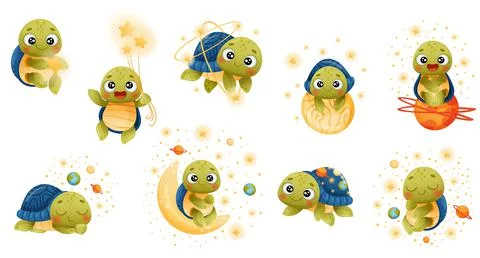 Cute turtle floating in outer space set. Adorable baby tortoise character Stock Illustration