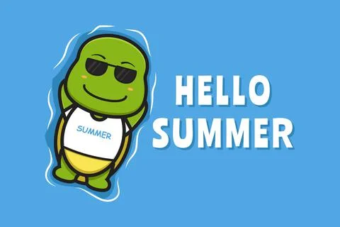 Cute turtle floating relaxes with a summer greeting banner cartoon vector ico Stock Illustration
