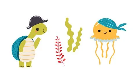 Cute Turtle in Hat and Jellyfish in Bandana as Sea Animal Floating Underwater Stock Illustration