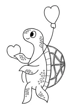 Cute turtle with heart and balloon. Vector illustration. Outline drawing ca.. Illustrazione stock