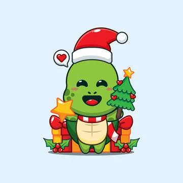 Cute turtle holding star and christmas tree. Stock Illustration
