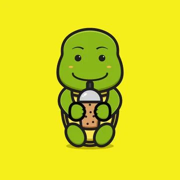 Cute turtle mascot character drinking boba cartoon vector icon illustration イラスト素材