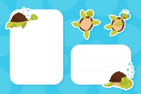 Cute Turtle Note Card with Funny Animal Vector Template Stock Illustration