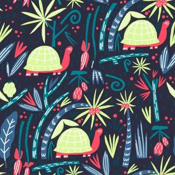 Cute turtle palm branch leaf and fruits composition. Element of seamless pattern Stock Illustration