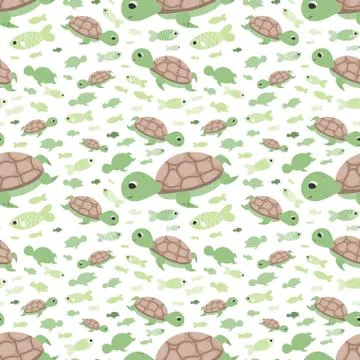 Cute turtle pattern with fishes on white background for childish wallpaper or Stock Illustration
