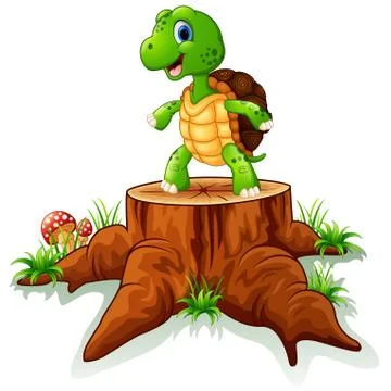 Cute turtle posing on tree stump Stock Illustration