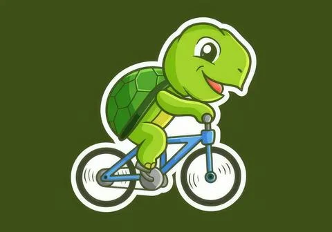 Cute turtle riding a blue bicycle on green background Stock Illustration