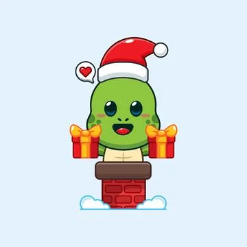 Cute turtle with santa hat holding Christmas gift box in the chimney. Stock Illustration
