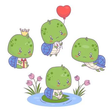 Cute turtle set. Funny cartoon animal floating, with balloon, princess with.. Stock Illustration