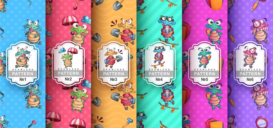 Cute turtle - set seamless pattern Stock Illustration
