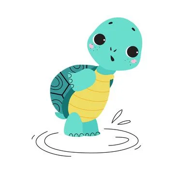 Cute Turtle with Shell and Short Feet Stepping in Puddle Vector Illustration Stock Illustration