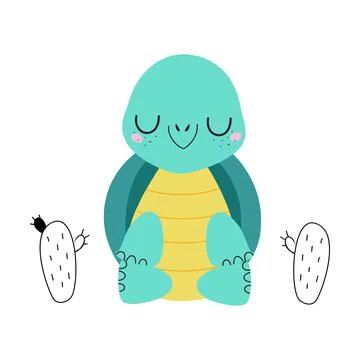 Cute Turtle with Shell and Short Feet Engaged in Meditation Vector Illustration Stock Illustration