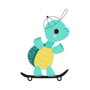 Cute Turtle with Shell and Short Feet Wearing Baseball Cap Skateboarding Vector Stockillustratie