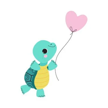 Cute Turtle with Shell and Short Feet Holding Toy Balloon Vector Illustration 스톡 일러스트