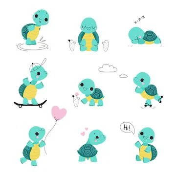 Cute Turtle with Shell and Short Feet Waving Paw, Sleeping and Skateboarding Stock Illustration