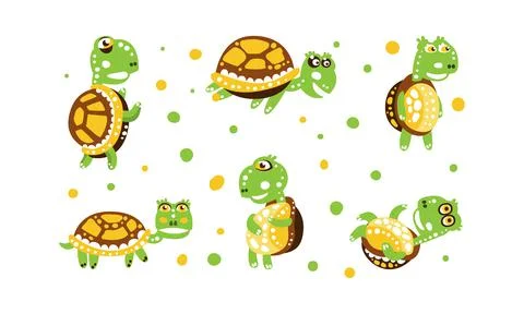 Cute Turtle with Shell and Short Feet in Different Poses Vector Set 스톡 일러스트