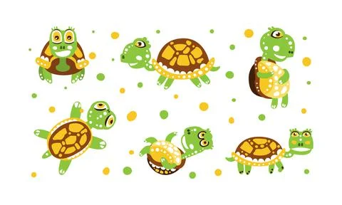 Cute Turtle with Shell and Short Feet in Different Poses Vector Set Stock Illustration