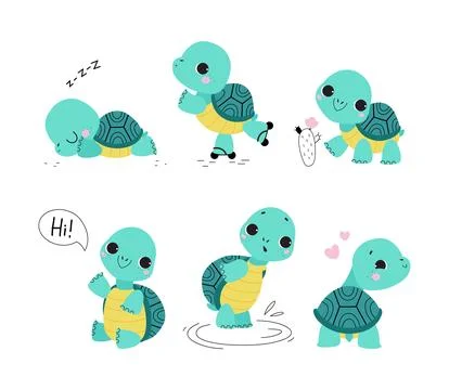 Cute Turtle with Shell and Short Feet Engaged in Different Activity Vector Set 스톡 일러스트