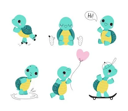 Cute Turtle with Shell and Short Feet Engaged in Different Activity Vector Set 스톡 일러스트