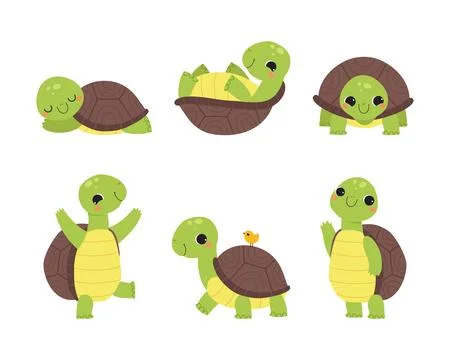 Cute Turtle with Shell and Short Feet Engaged in Different Activity Vector Set 스톡 일러스트