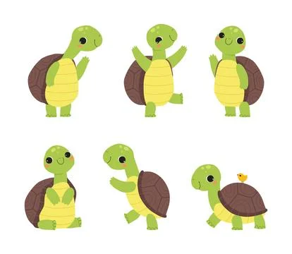 Cute Turtle with Shell and Short Feet Engaged in Different Activity Vector Set イラスト素材