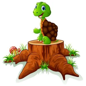 Cute turtle sit on tree stump Stock Illustration