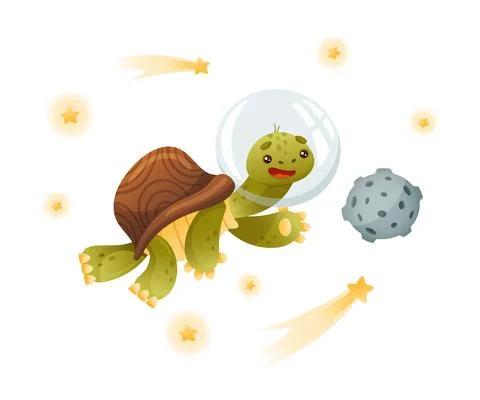 Cute turtle space tourist or astronaut. Funny tortoise character floating in 스톡 일러스트