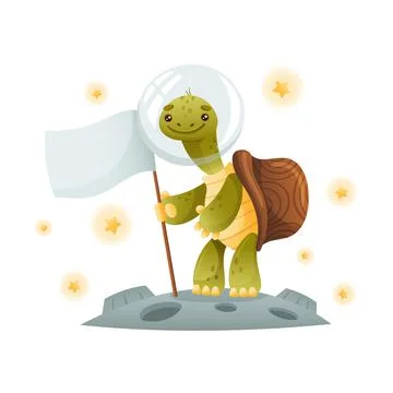 Cute turtle space tourist standing on the moon with flag. Funny tortoise Stock Illustration