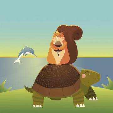 Cute turtle with squirrel and dolphin in the sea cartoon animals Stock Illustration