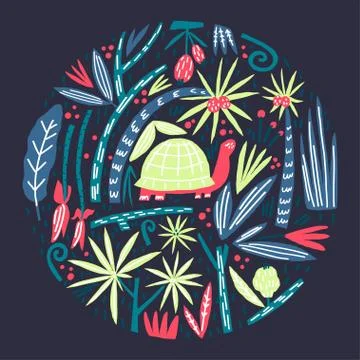 Cute turtle, stylized palm trees, branches leaves and fruits composition Stock Illustration