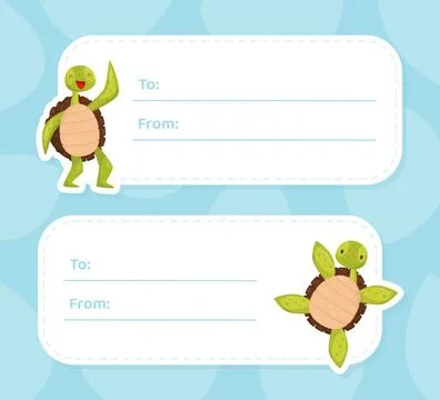 Cute Turtle Tag Card with Funny Animal Vector Template Stock Illustration