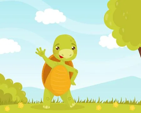 Cute turtle waving paw saying Hi. Funny smiling tortoise character standing on 스톡 일러스트