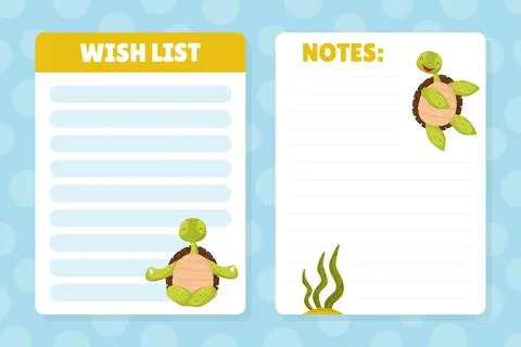 Cute Turtle Wish List with Funny Animal Vector Template Illustrazione stock