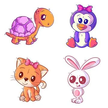 Cute turtles, cat, rabbit and penguins, hand drawn style set Stock Illustration