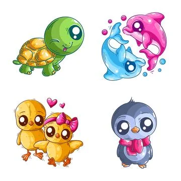 Cute turtles, dolphins, chicks and penguins, hand drawn style set Illustrazione stock