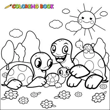 Cute turtles in the garden. Vector black and white coloring page. Stock Illustration