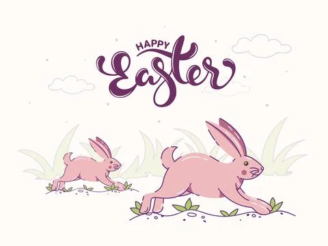 Cute Two Bunnies Running on Grass Background for Happy Easter Celebration C.. Illustrazione stock