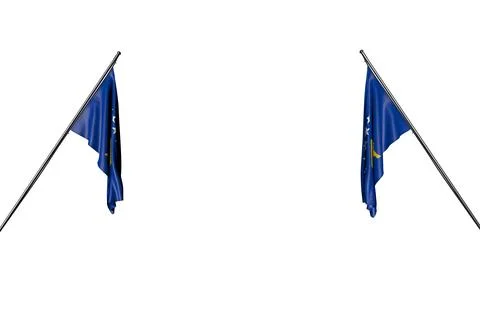 Cute two Kosovo flags hangs on diagonal poles from two sides isolated on white Ilustração Stock