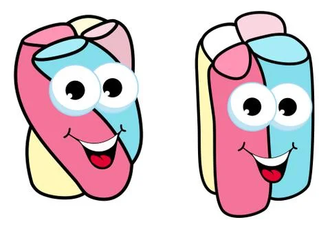 Cute two marshmallows with faces, sweet puffy candy. Marshmallow with cute face Stock Illustration