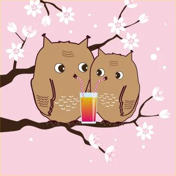 Cute two owls sitting on a tree. Owlets drinking cocktail. Gomantic backgroun Stock Illustration