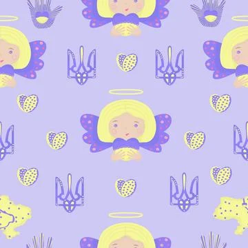 Cute Ukrainian seamless pattern on blue background Stock Illustration