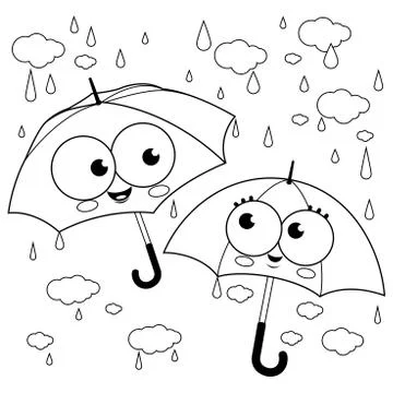 Cute umbrella characters in the rain. Vector black and white coloring page Stock Illustration