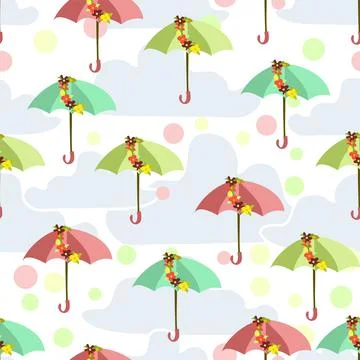 Cute Umbrella Repeating Vector Pattern On A Cloudy Sky Background Stock Illustration