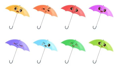 Cute umbrellas set, funny faces of parasol characters of different colors Stock Illustration